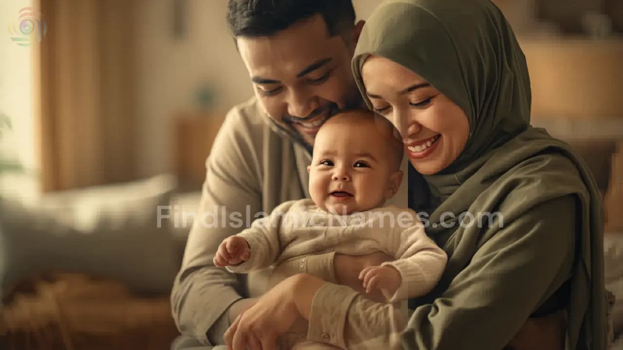 Aesthetic Muslim baby names banner with elegant name cards and soft pastel design