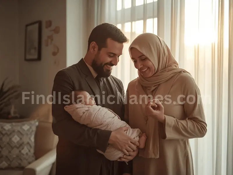 Modern Muslim girl names 2026 with family celebrating newborn baby girl